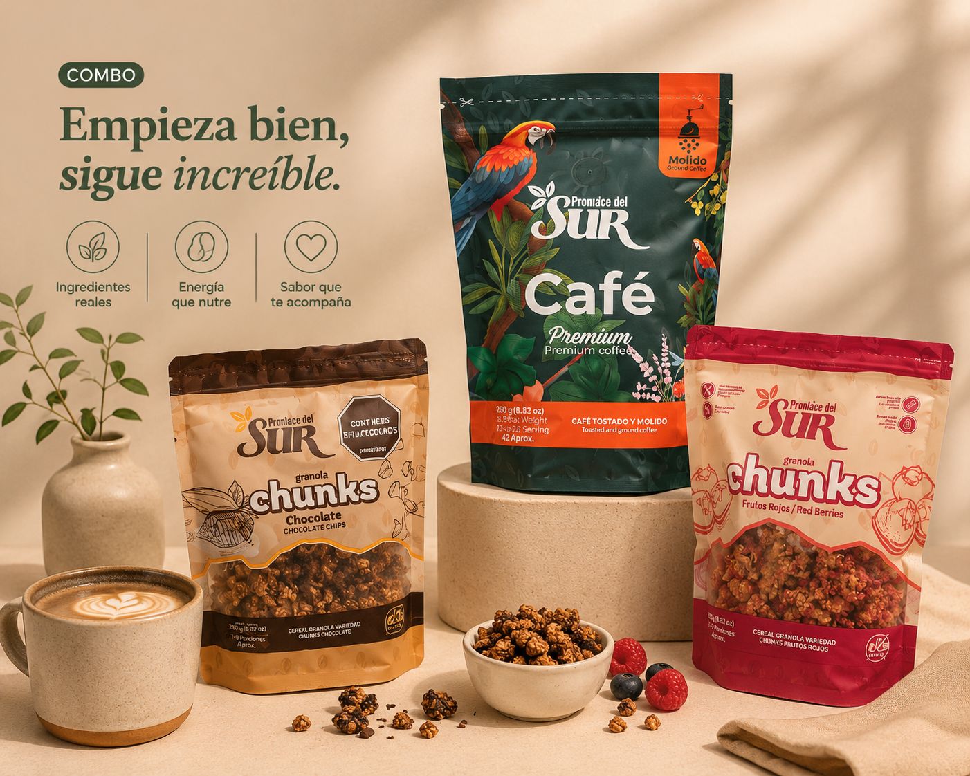 ☕ Café Molido + 🍫 Chunk Chocolate + 🍓 Chunk Frutos Rojos.